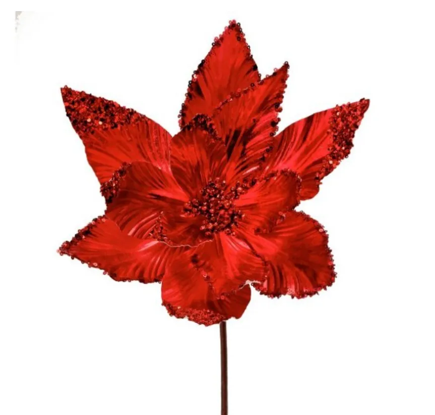 24" Metallic Sequined Edge Poinsettia Stem (sold individually)