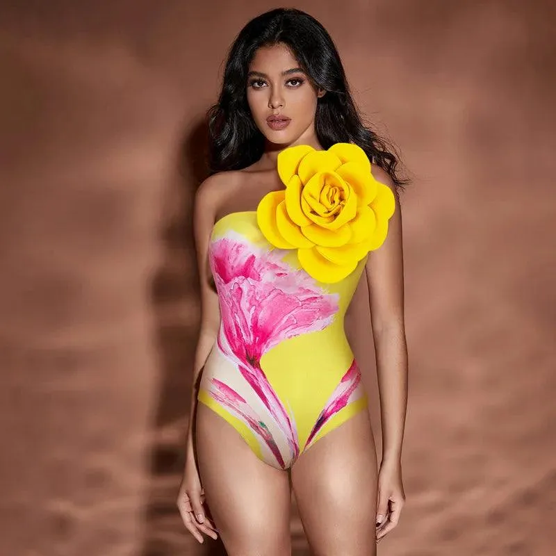 3D Flower Swimsuit With Cover Up - Yellow