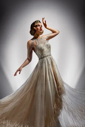 Beaded & Feather Hi Low Gown