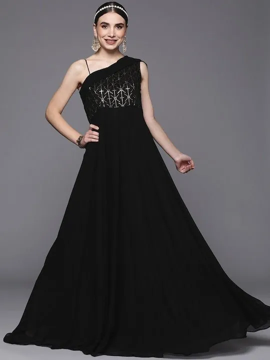 Black Embellished One Shoulder Georgette Maxi Dress