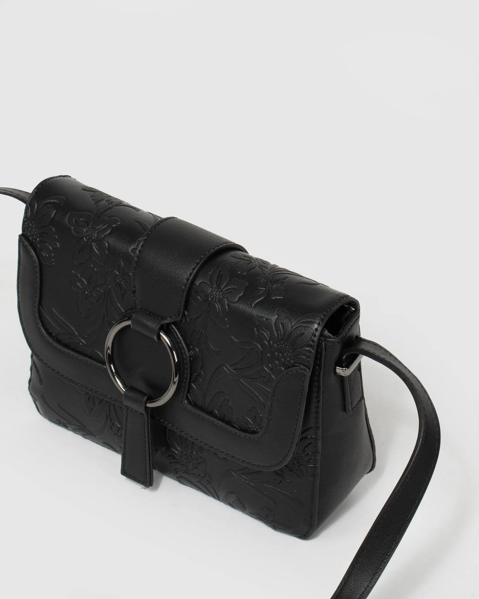 Black Mona Ring Embossed Crossbody Bag