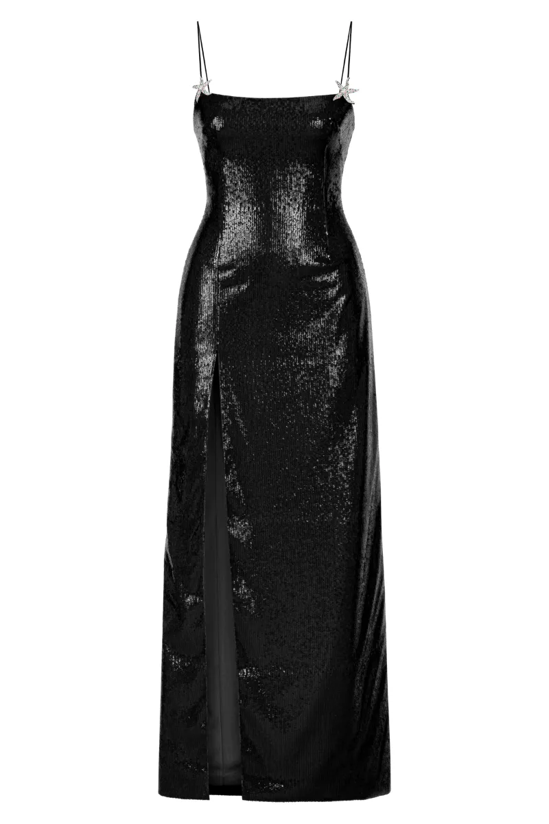 BLACK SEQUINED SLIT MAXI DRESS