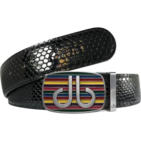 Black Snakeskin Texture Leather Belt with Multi-color Striped Buckle