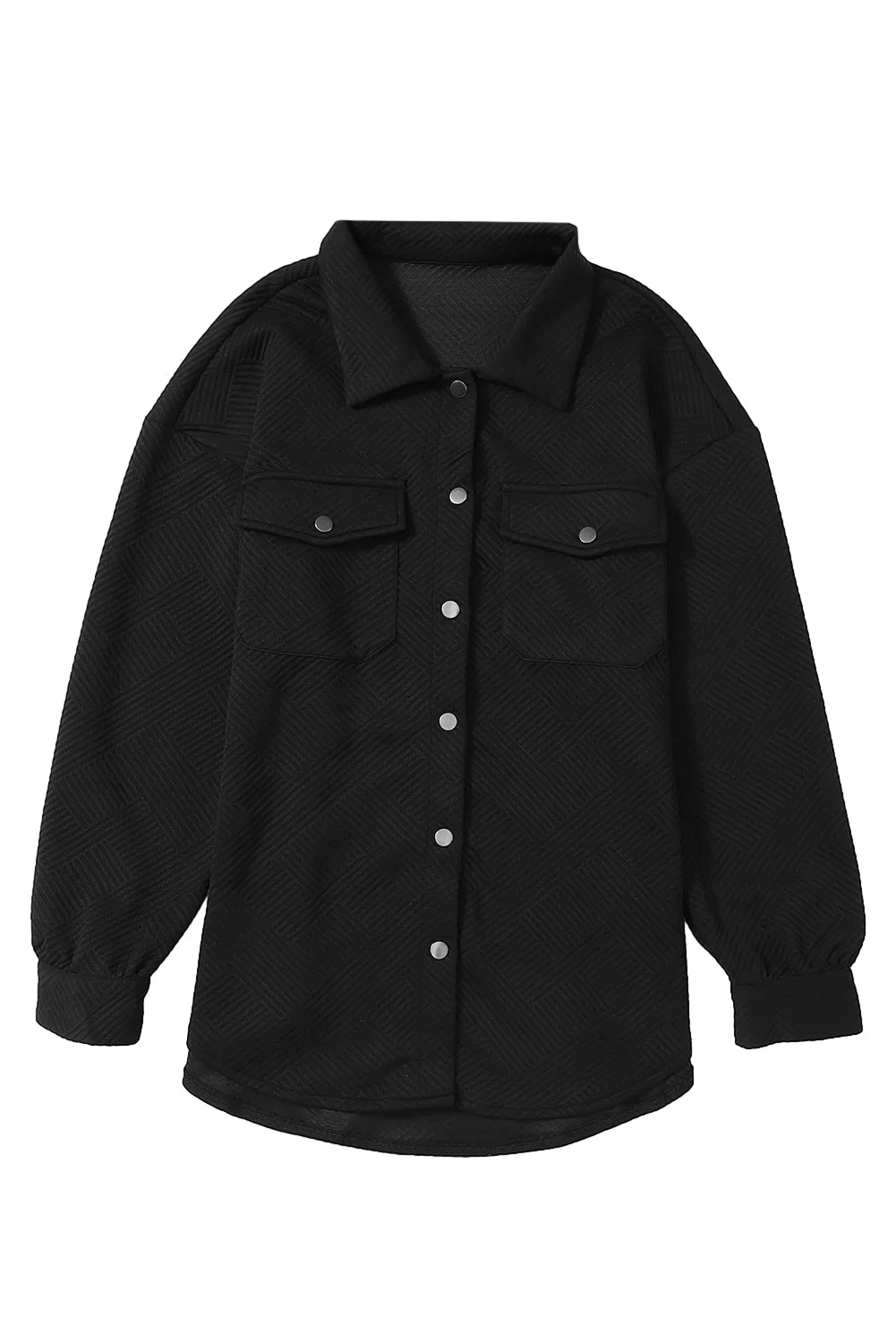 Black Solid Textured Flap Pocket Buttoned Shacket