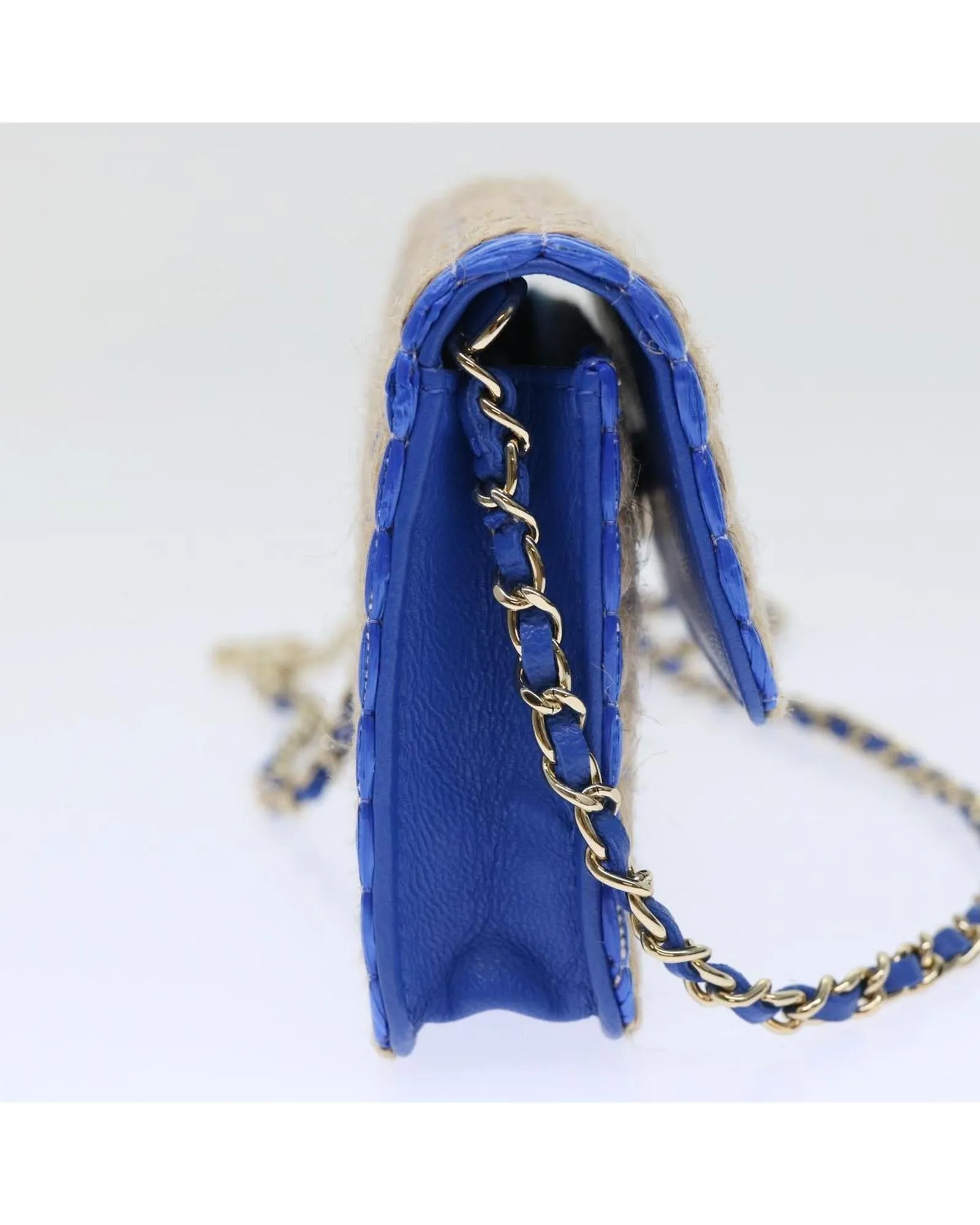 Blue Beige Raffia Shoulder Bag with Chain Strap