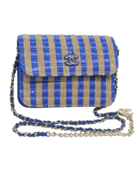 Blue Beige Raffia Shoulder Bag with Chain Strap