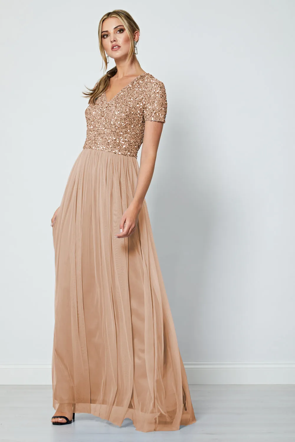 Bridesmaid V-Neck Embellished Sequin Maxi Dress