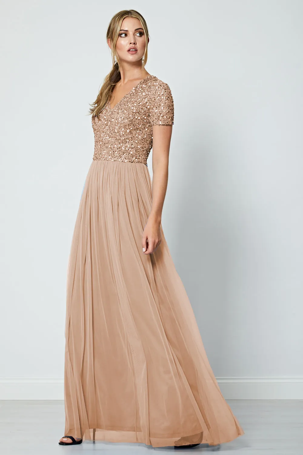 Bridesmaid V-Neck Embellished Sequin Maxi Dress