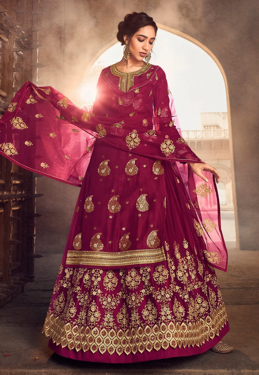 Bright Pink Zari Embroidered Lehenga Style Suit