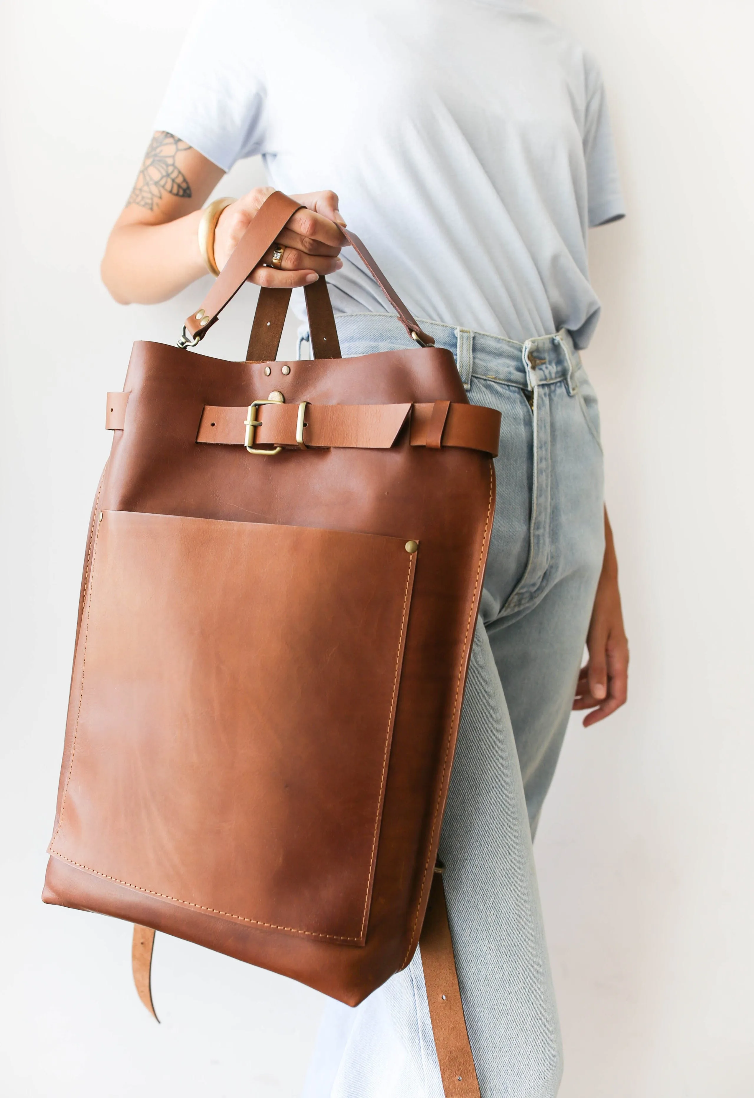 Brown Large Leather Backpack with Front Pocket