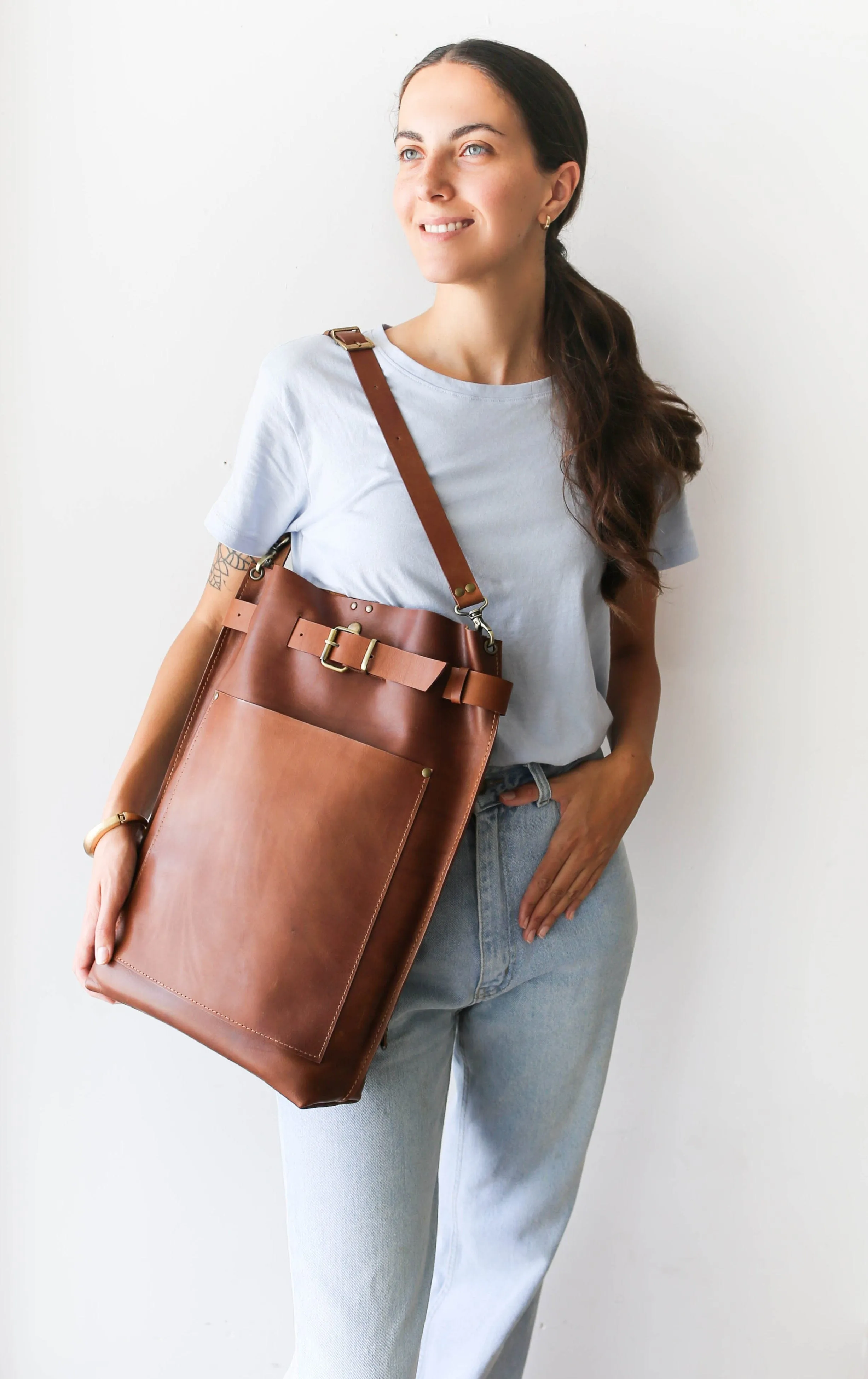 Brown Large Leather Backpack with Front Pocket