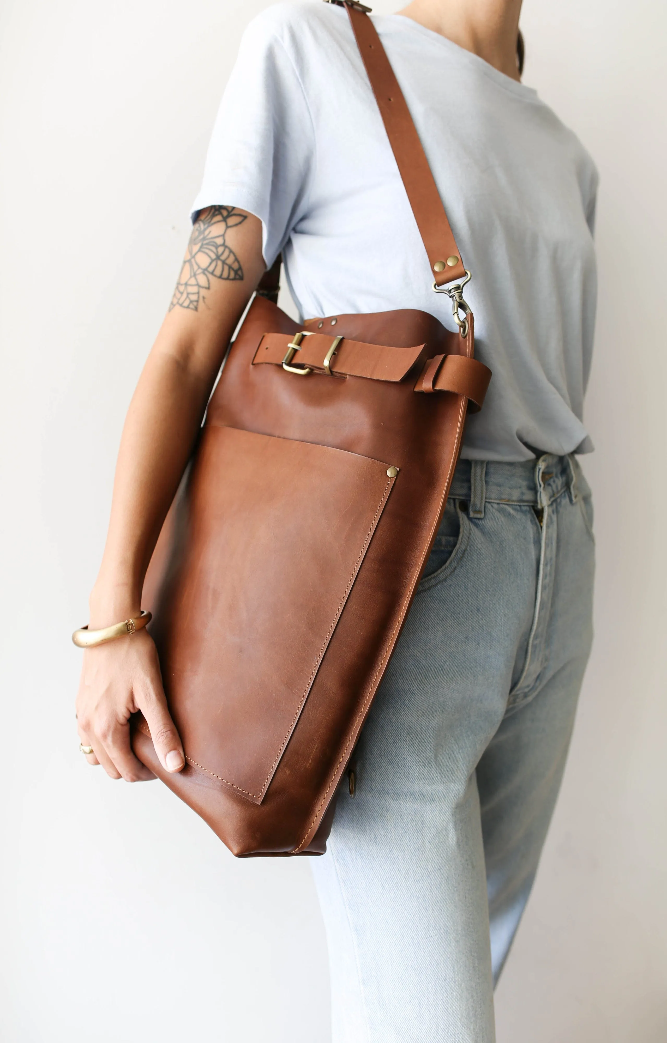 Brown Large Leather Backpack with Front Pocket