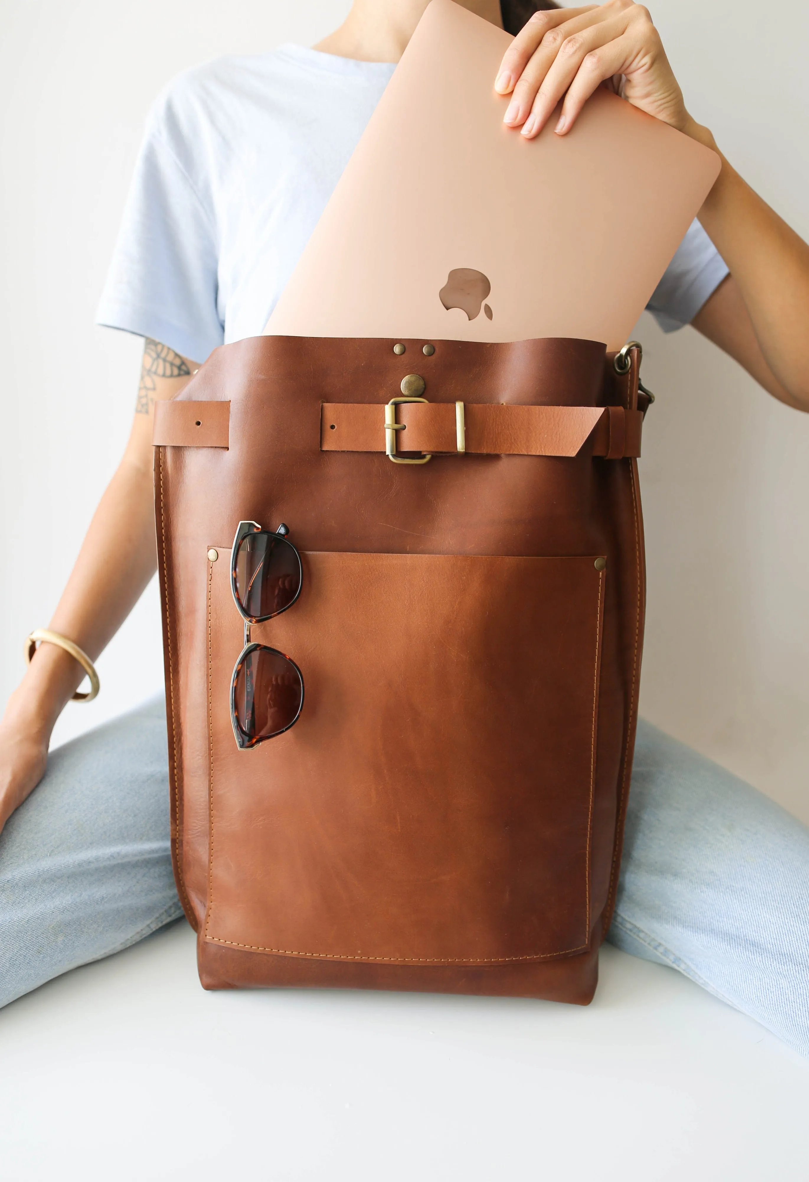 Brown Large Leather Backpack with Front Pocket