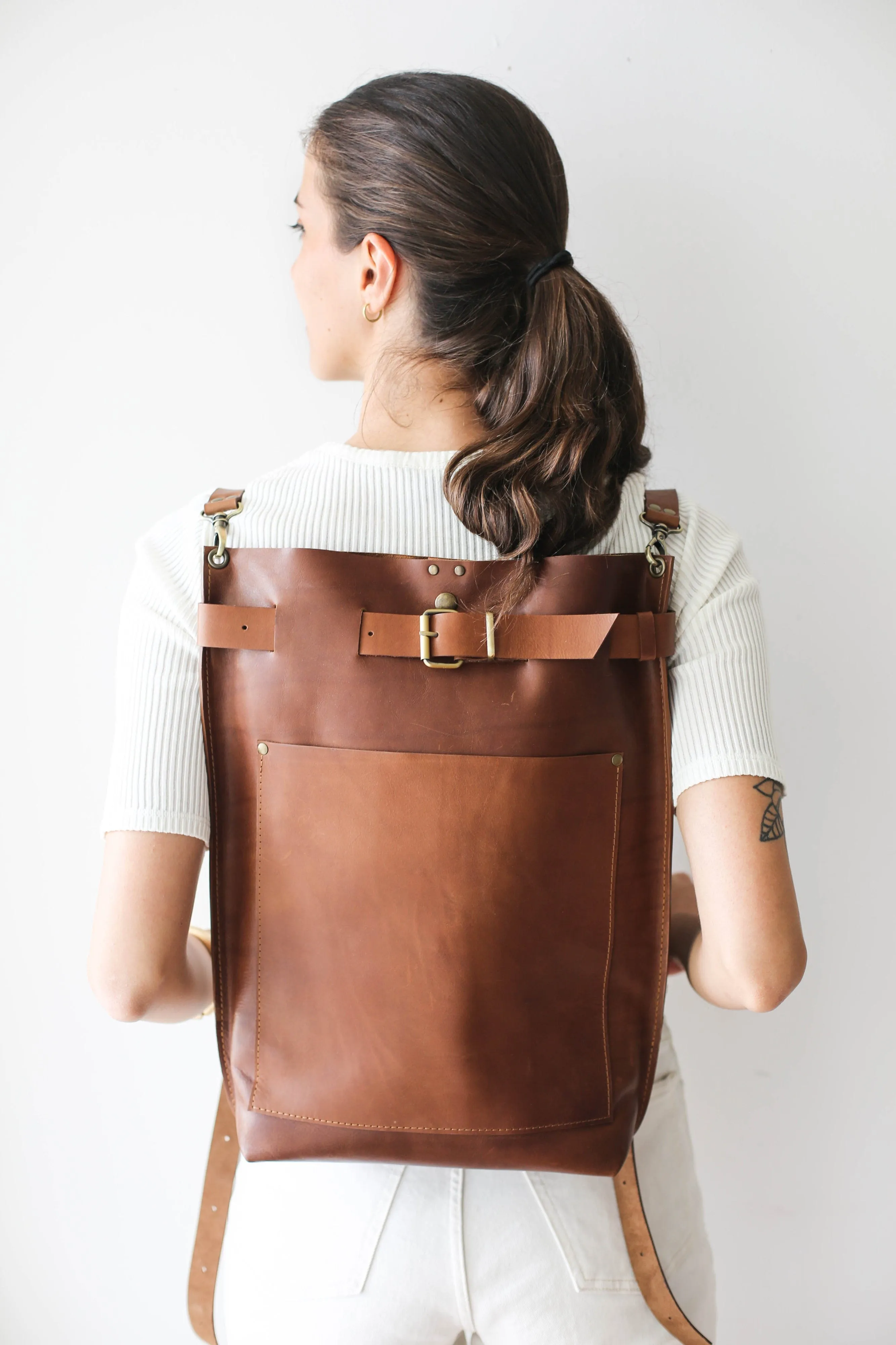 Brown Large Leather Backpack with Front Pocket