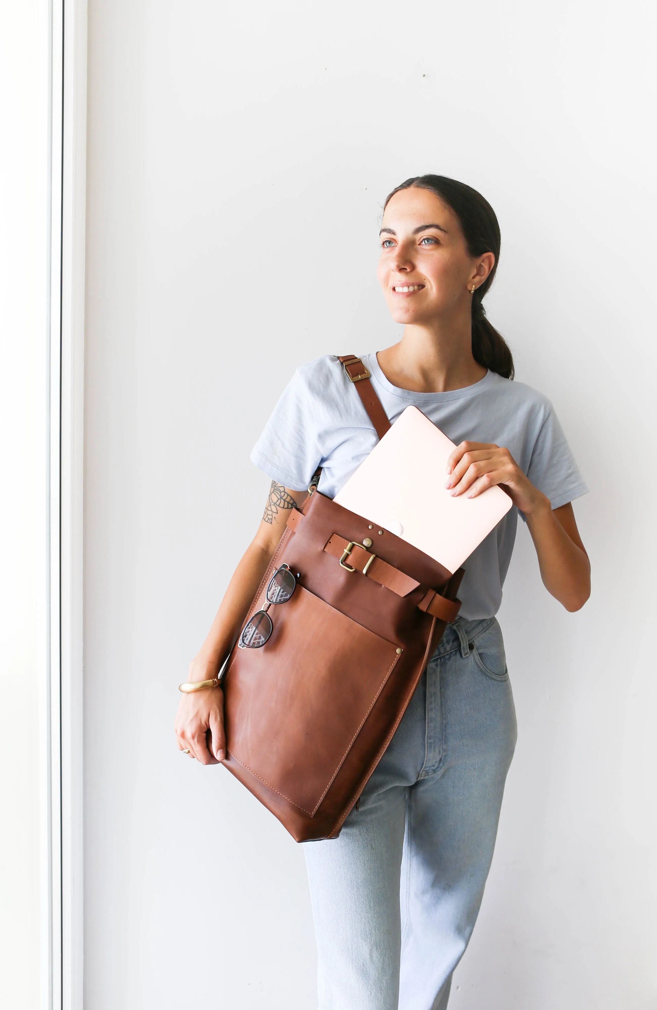 Brown Large Leather Backpack with Front Pocket