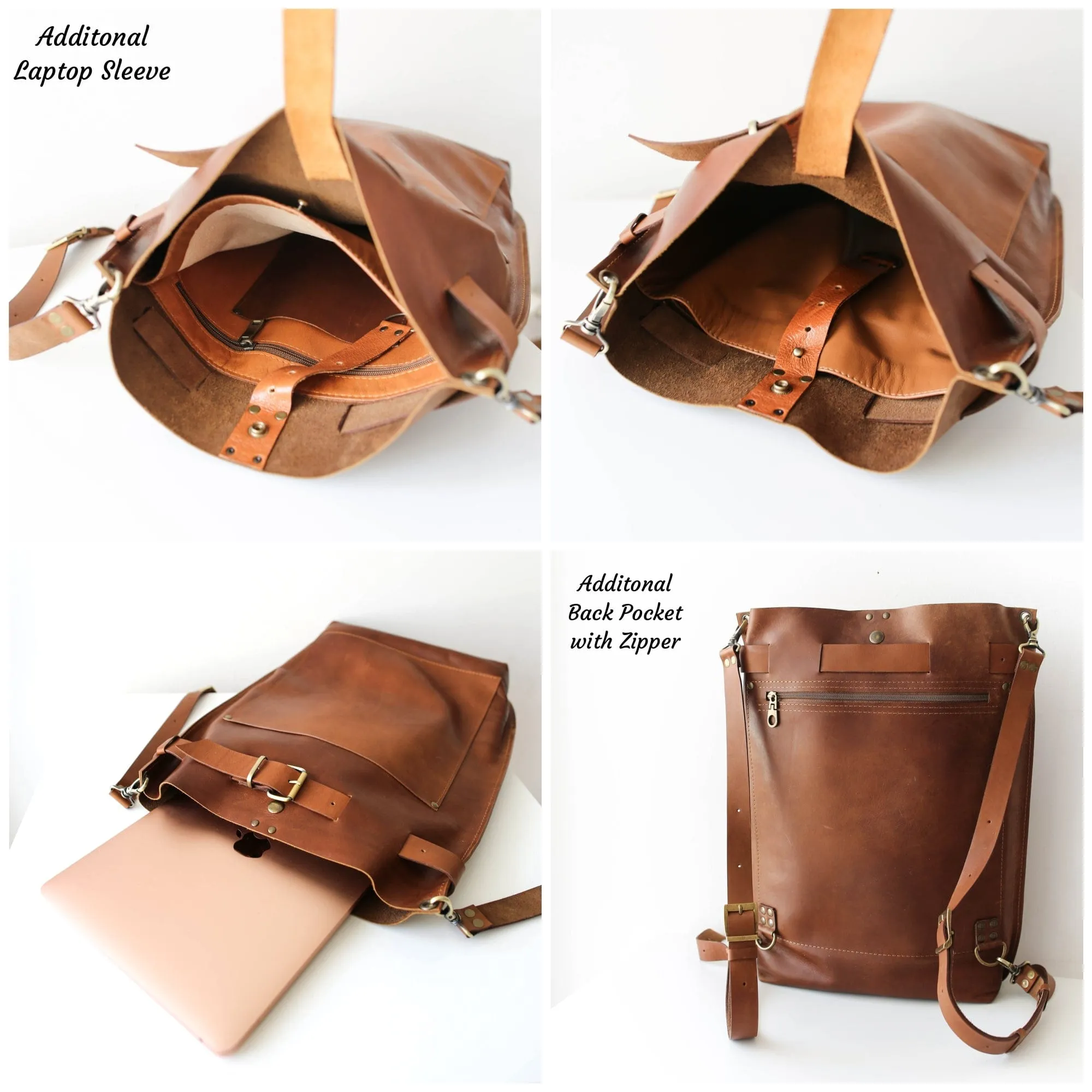 Brown Large Leather Backpack with Front Pocket