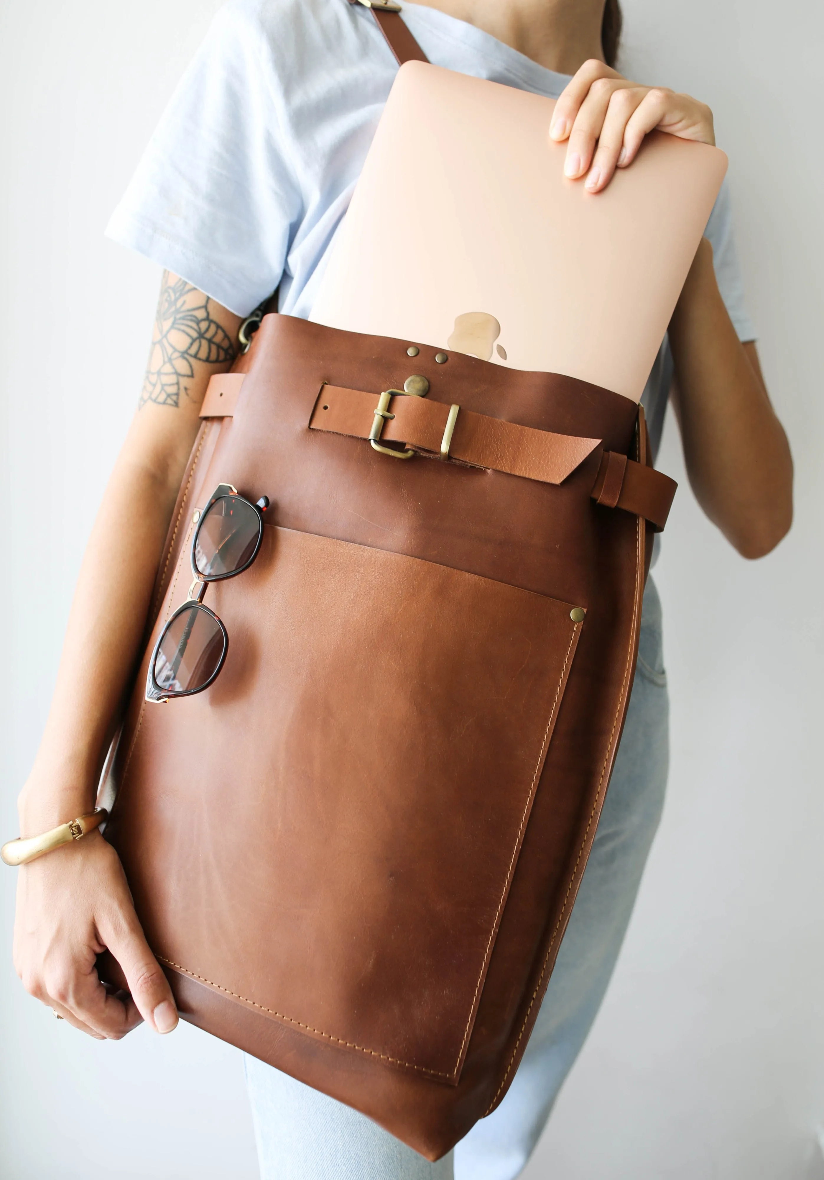 Brown Large Leather Backpack with Front Pocket