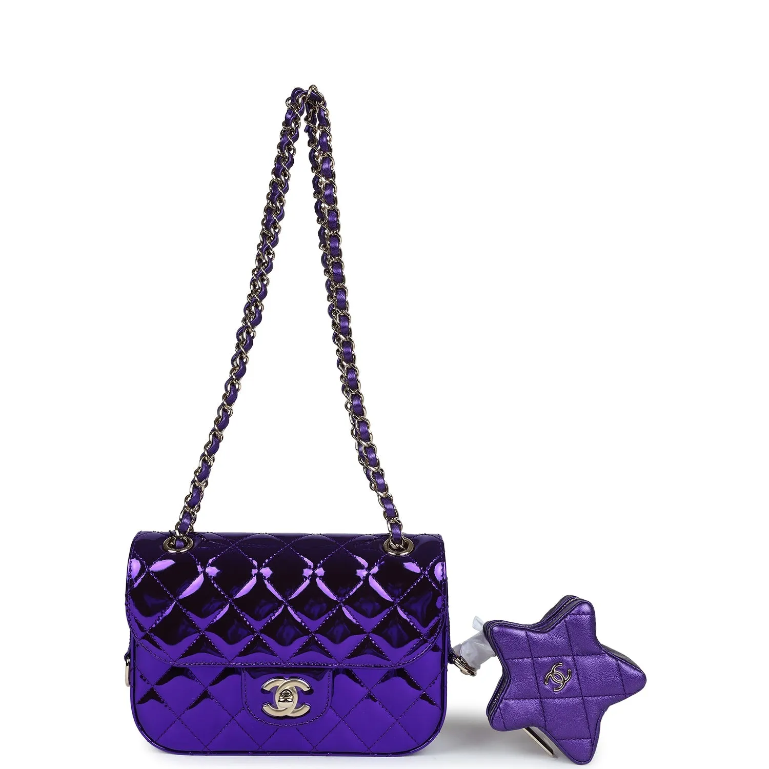 Chanel Mini Flap Bag & Star Coin Purse Purple Mirror Calfskin/Metallic Calfskin Light Gold Hardware