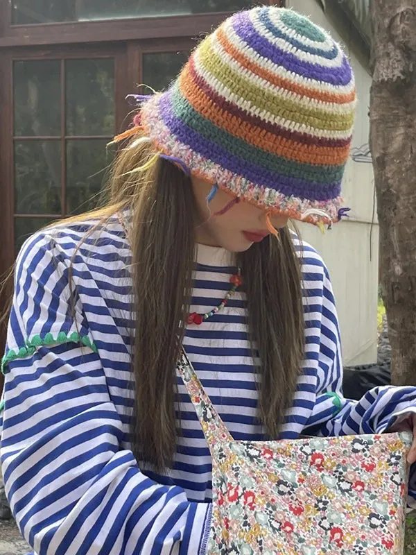 Fringed Striped Tasseled Bucket Hat