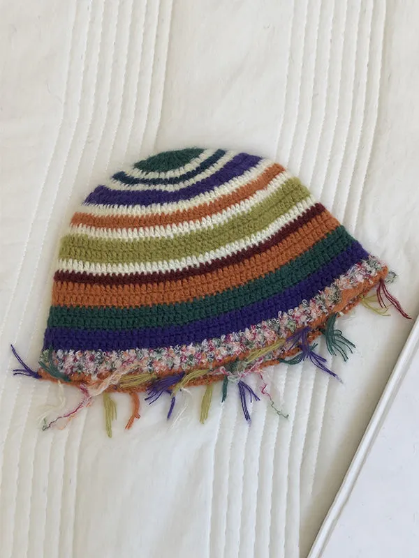 Fringed Striped Tasseled Bucket Hat