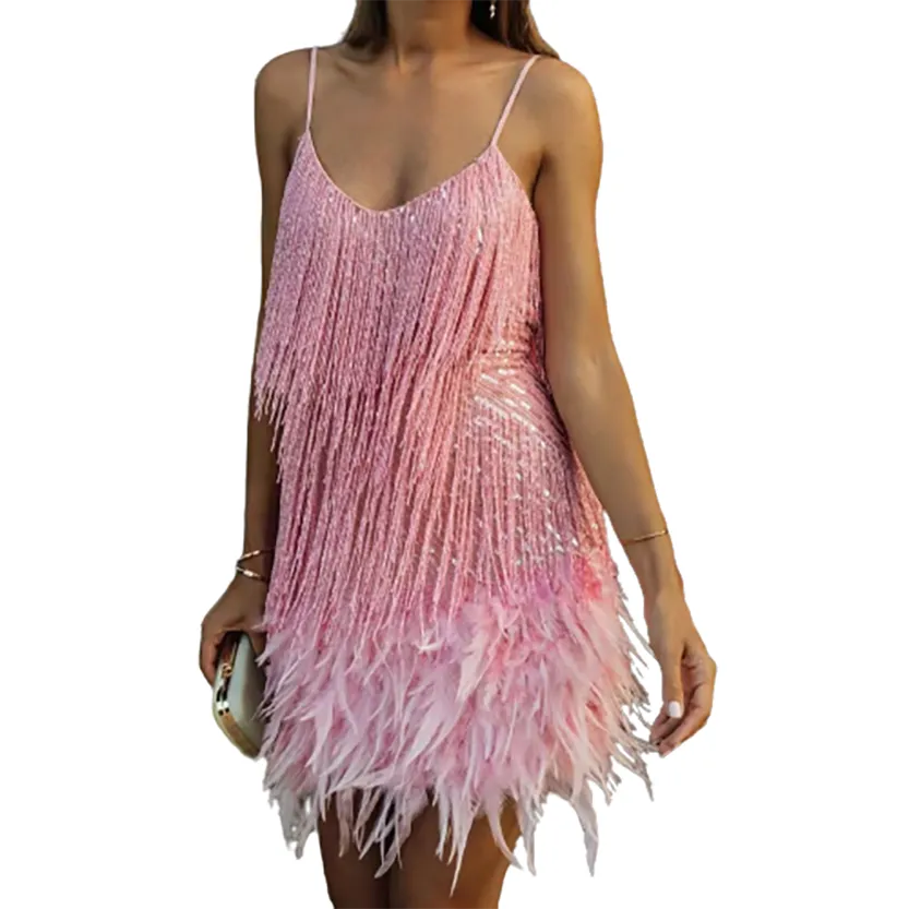 Funki Buys | Dresses | Women's Sequin Feather Fringe Dress