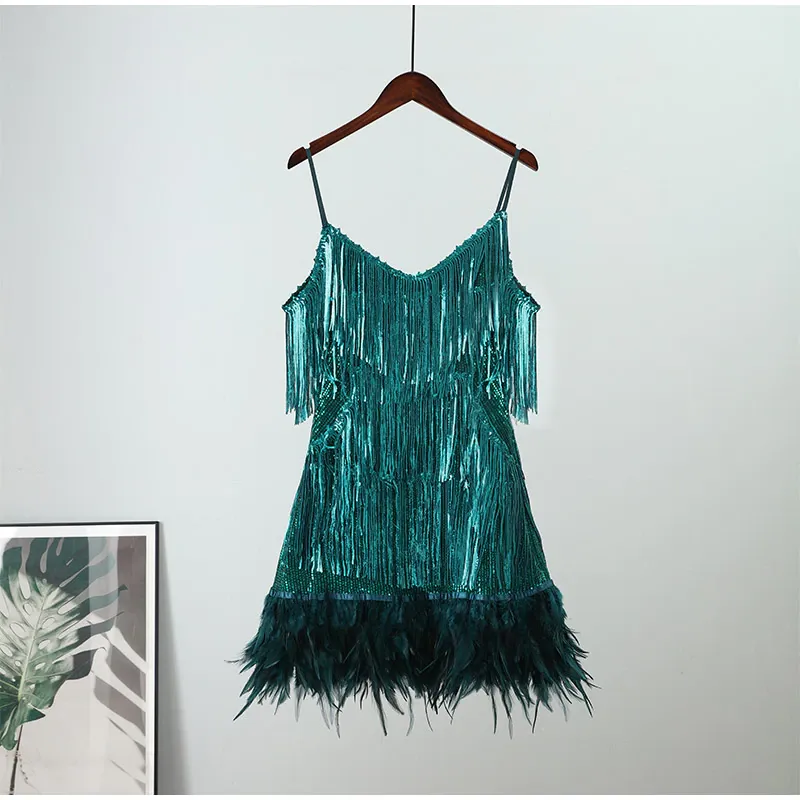 Funki Buys | Dresses | Women's Sequin Feather Fringe Dress