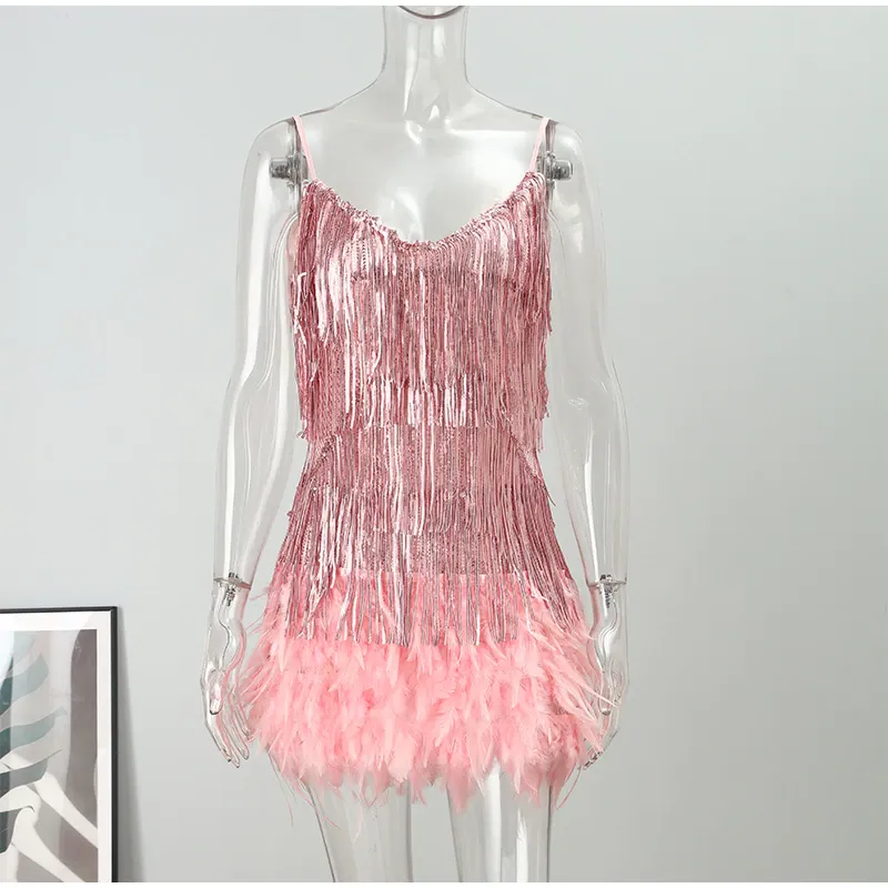 Funki Buys | Dresses | Women's Sequin Feather Fringe Dress