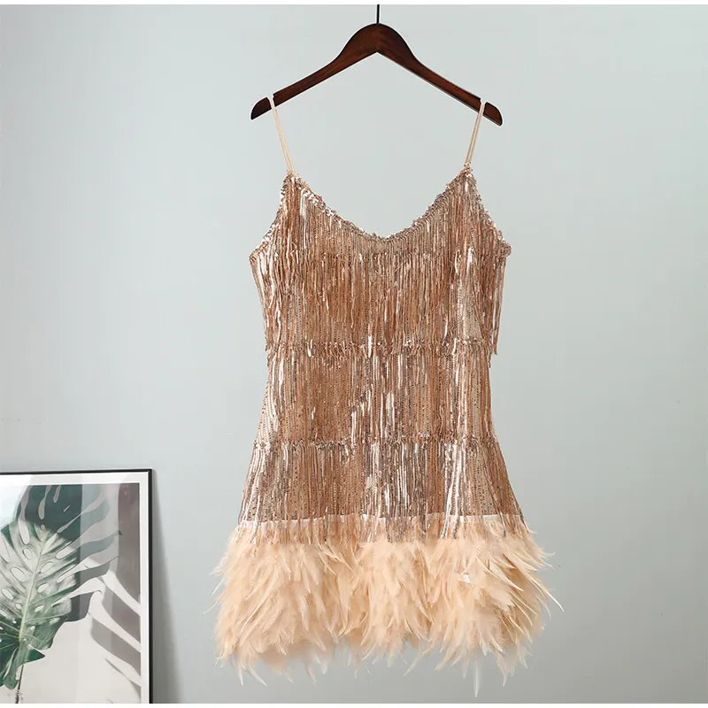 Funki Buys | Dresses | Women's Sequin Feather Fringe Dress