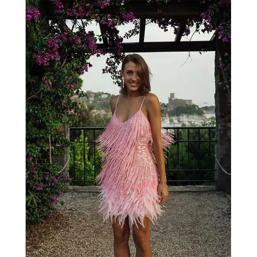 Funki Buys | Dresses | Women's Sequin Feather Fringe Dress