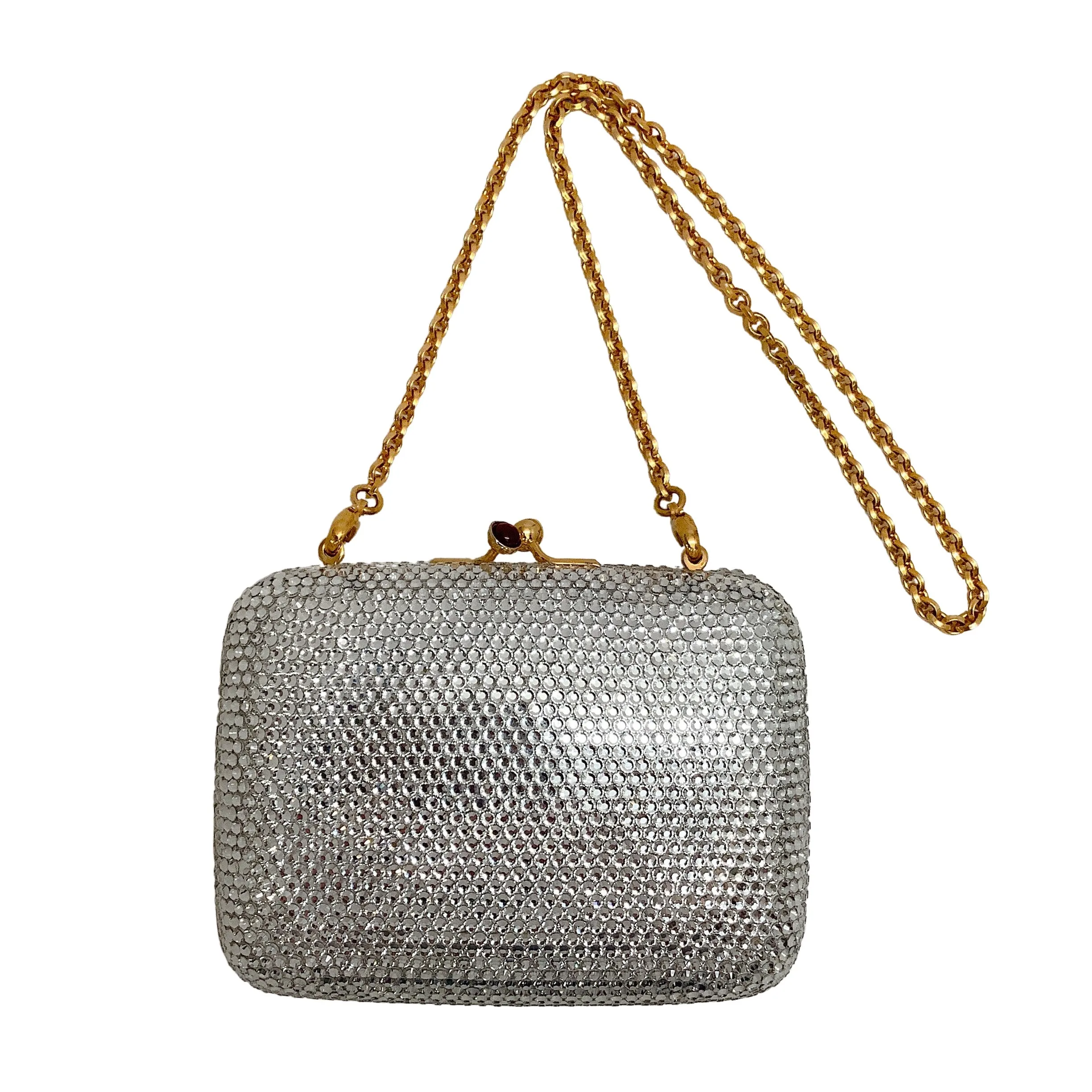 Judith Leiber Small Silver Crystal Embellished Minaudière Clutch