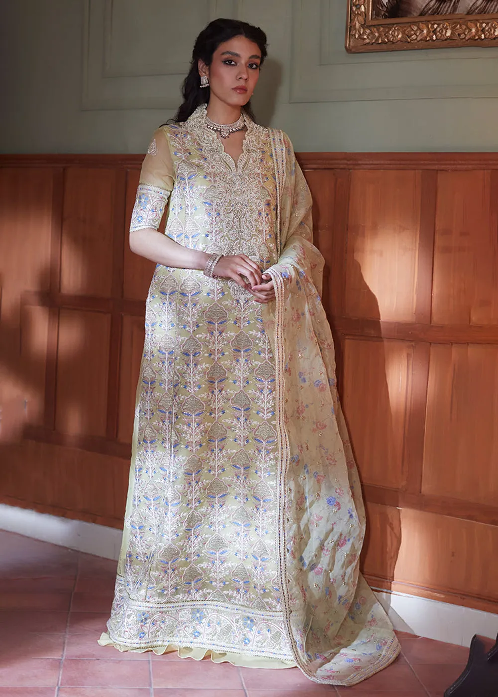 Lime Yellow Organza Net Pakistani Suit | Mushq | Qala Kamdaani | Dina