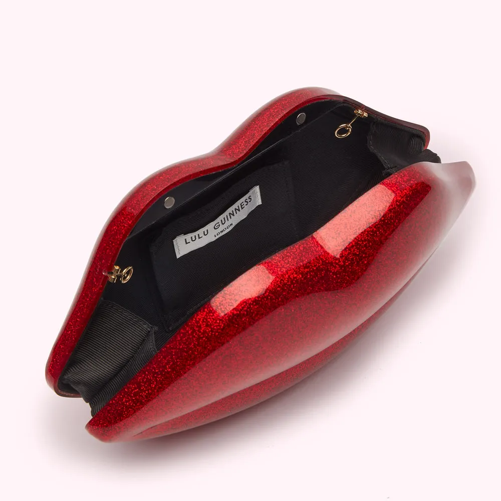 LULU RED GLITTER MEDIUM LIPS CLUTCH BAG