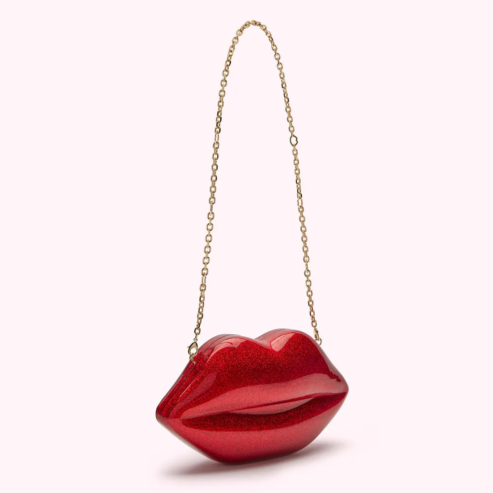 LULU RED GLITTER MEDIUM LIPS CLUTCH BAG