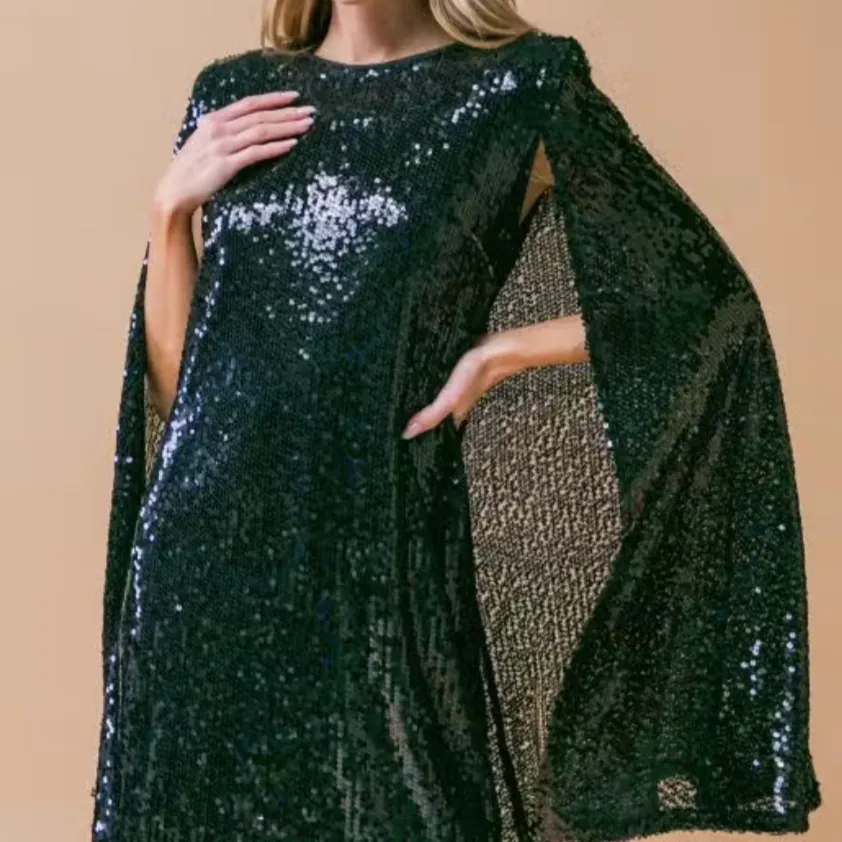 Midnight Glam Sequined Mini Cape Dress