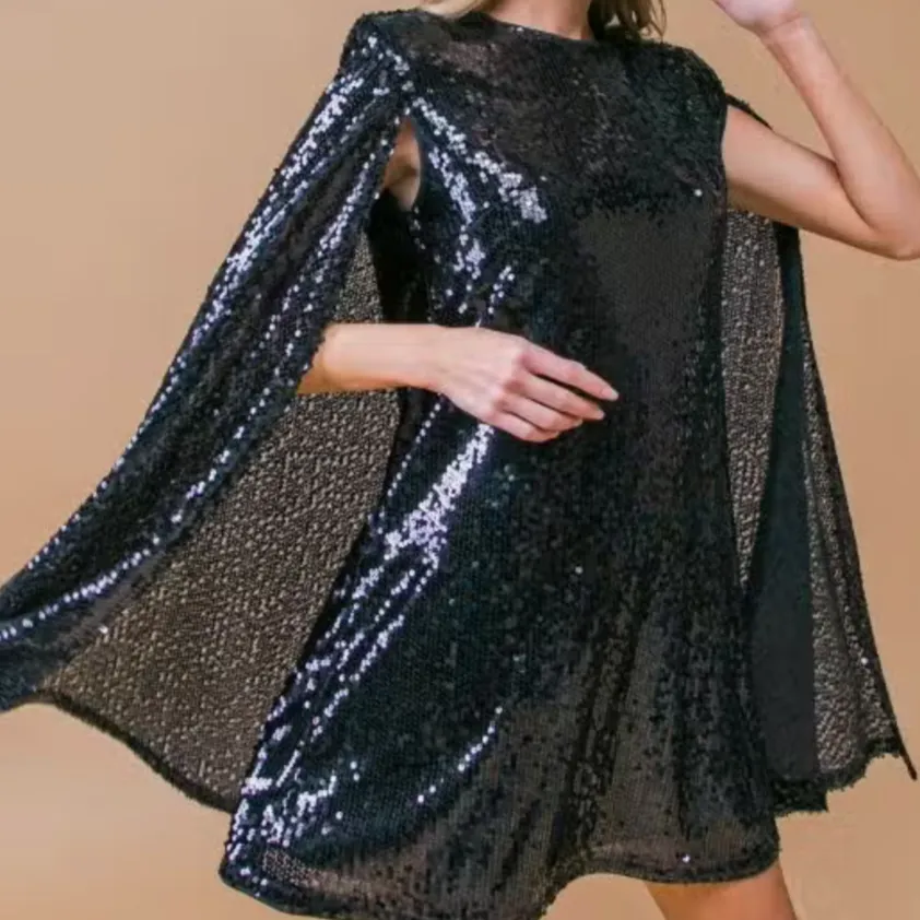 Midnight Glam Sequined Mini Cape Dress