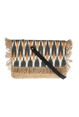 Mustard And Slate Grey Ikat Print Sling Bag With Jute Fringes