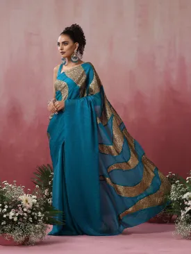 Peacock Crushed Metallic Saree with Golden Sequin Fire with Blouse Fabric