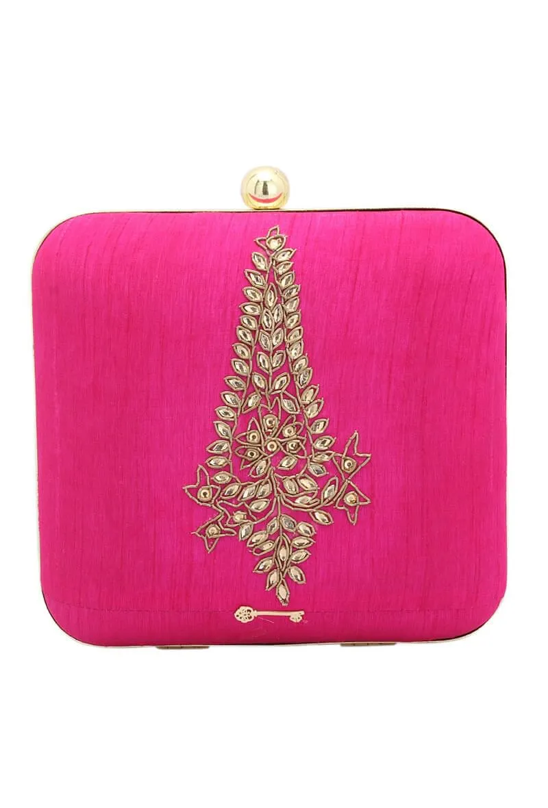 Pink Dabka Zari Embroidery Silk Box Clutch (6.5"x7"x2")