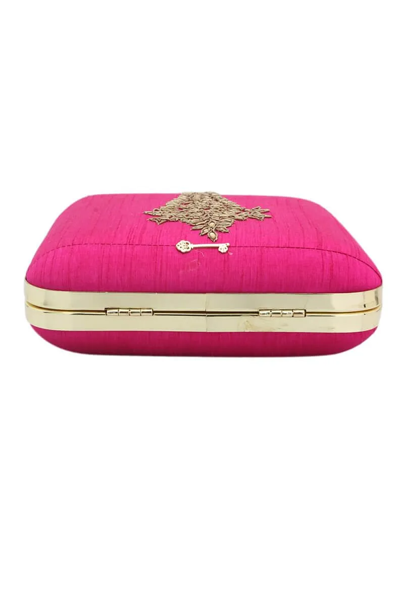 Pink Dabka Zari Embroidery Silk Box Clutch (6.5"x7"x2")