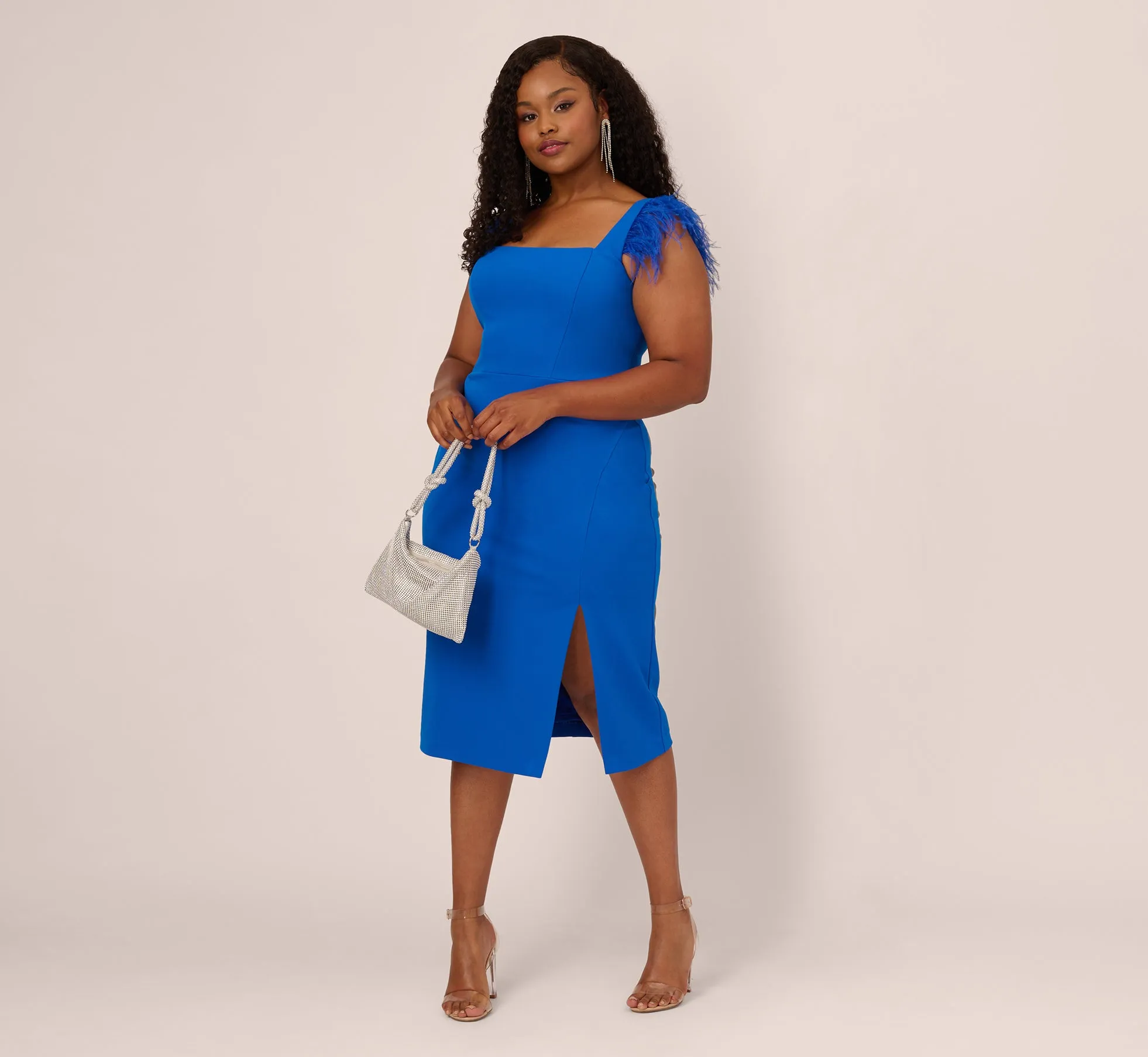 Plus Size Knit Crepe Midi Dress With Feather Shoulder Accents In Dark Cobalt