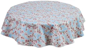 Round Oilcloth Tablecloth in Cherry Blossom Light Blue