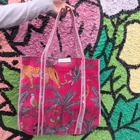 Velvet Quilted Indian Tote Bag Pink Jungle