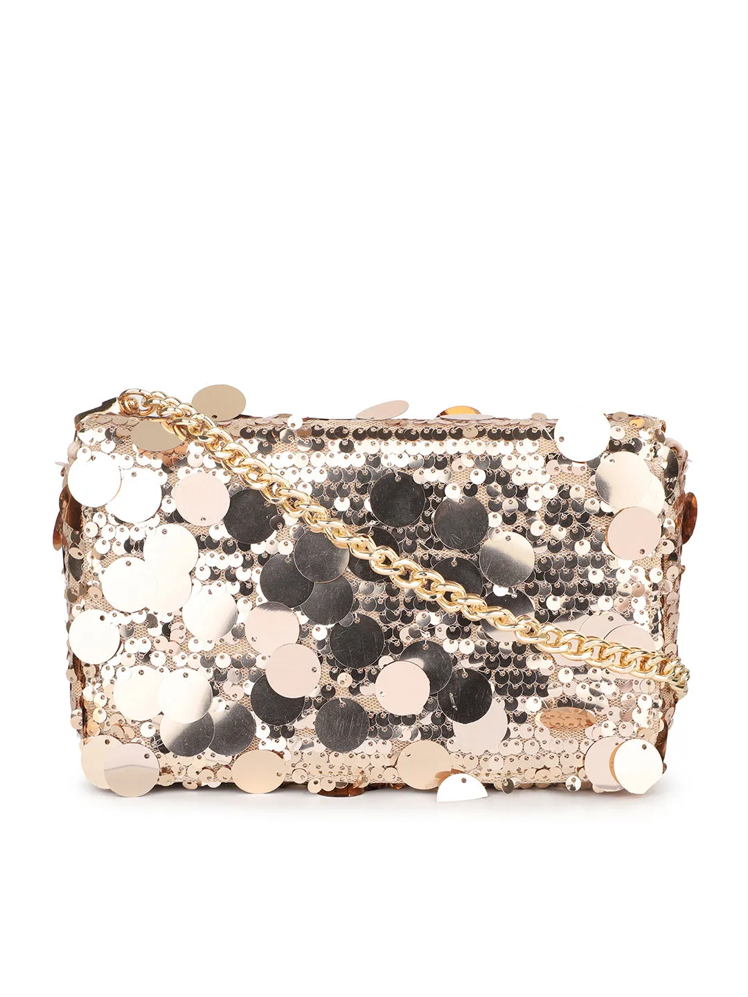 Women Rose Gold Embellished Foldover Clutch