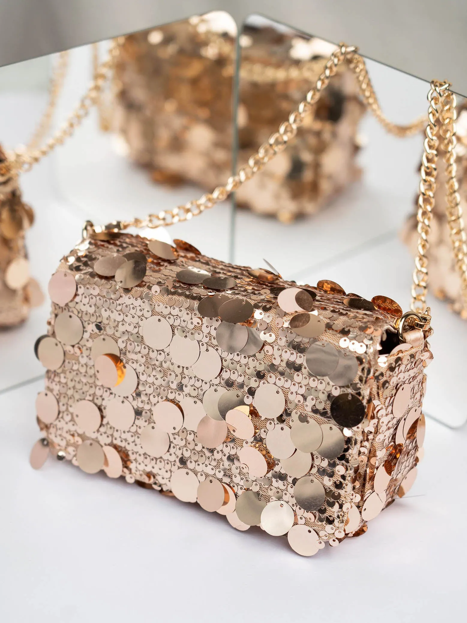 Women Rose Gold Embellished Foldover Clutch