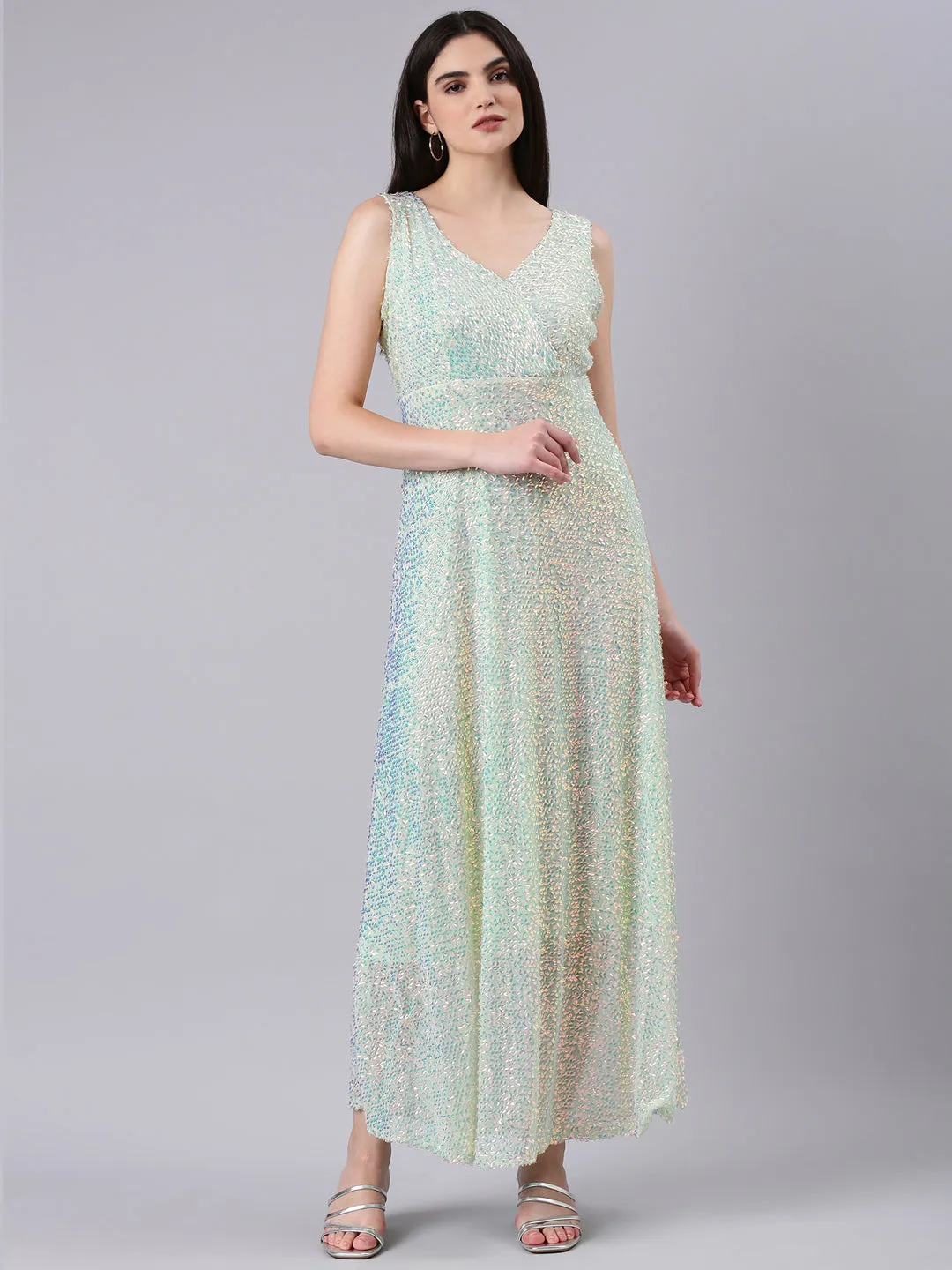 Women Sea Green Embellished A-Line Dress